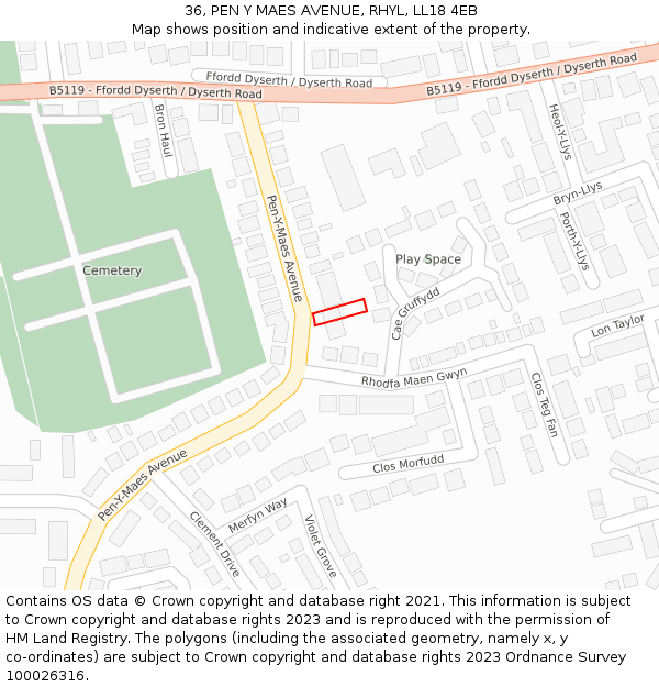 36, PEN Y MAES AVENUE, RHYL, LL18 4EB: Location map and indicative extent of plot