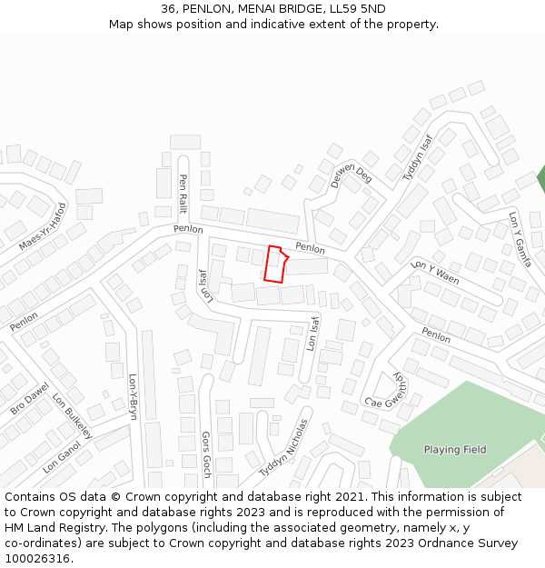 36, PENLON, MENAI BRIDGE, LL59 5ND: Location map and indicative extent of plot