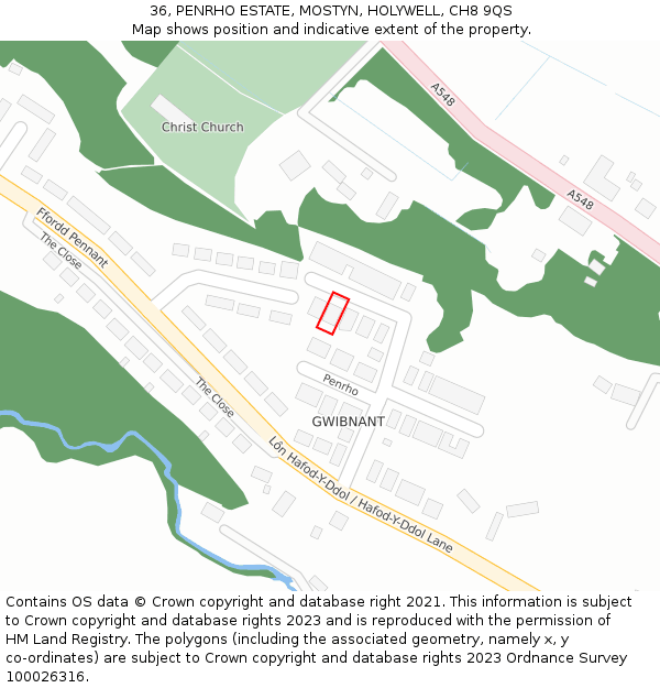 36, PENRHO ESTATE, MOSTYN, HOLYWELL, CH8 9QS: Location map and indicative extent of plot