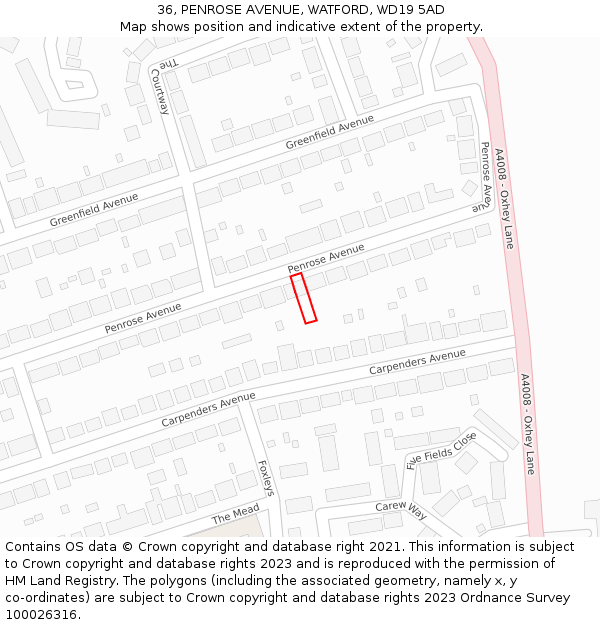 36, PENROSE AVENUE, WATFORD, WD19 5AD: Location map and indicative extent of plot