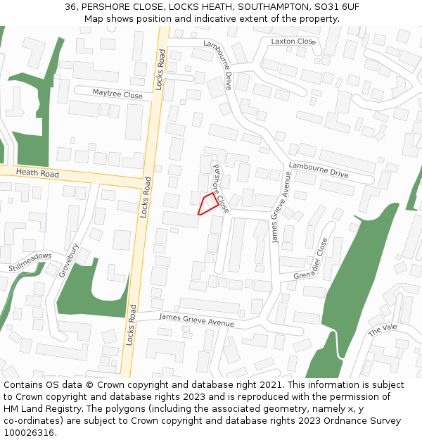 36, PERSHORE CLOSE, LOCKS HEATH, SOUTHAMPTON, SO31 6UF: Location map and indicative extent of plot