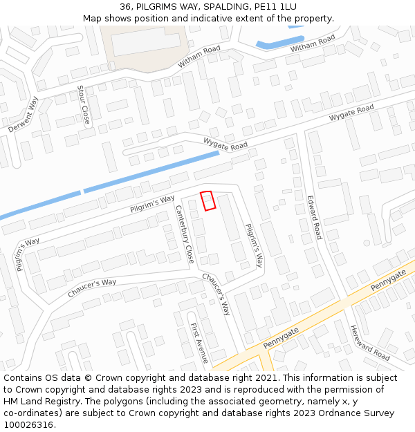 36, PILGRIMS WAY, SPALDING, PE11 1LU: Location map and indicative extent of plot