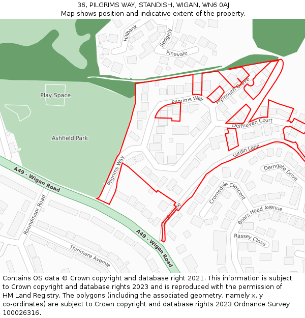36, PILGRIMS WAY, STANDISH, WIGAN, WN6 0AJ: Location map and indicative extent of plot