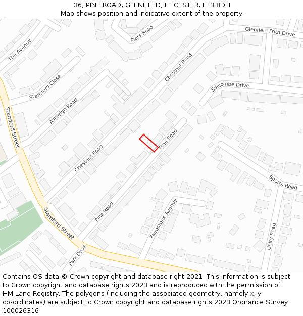 36, PINE ROAD, GLENFIELD, LEICESTER, LE3 8DH: Location map and indicative extent of plot