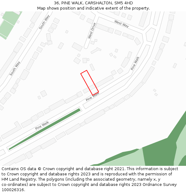 36, PINE WALK, CARSHALTON, SM5 4HD: Location map and indicative extent of plot