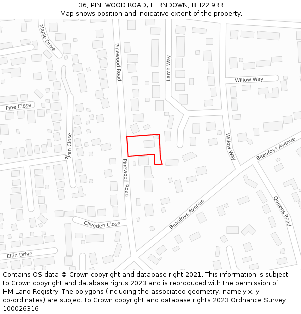 36, PINEWOOD ROAD, FERNDOWN, BH22 9RR: Location map and indicative extent of plot