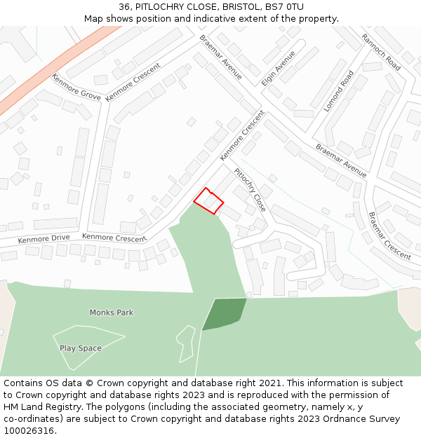 36, PITLOCHRY CLOSE, BRISTOL, BS7 0TU: Location map and indicative extent of plot
