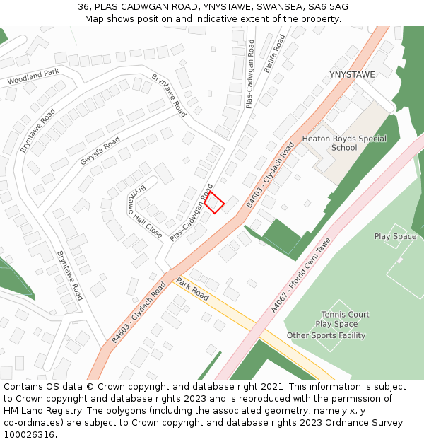 36, PLAS CADWGAN ROAD, YNYSTAWE, SWANSEA, SA6 5AG: Location map and indicative extent of plot