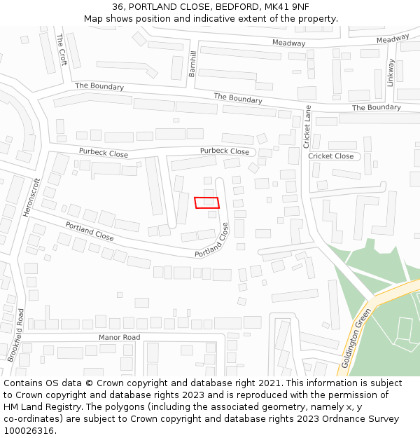 36, PORTLAND CLOSE, BEDFORD, MK41 9NF: Location map and indicative extent of plot