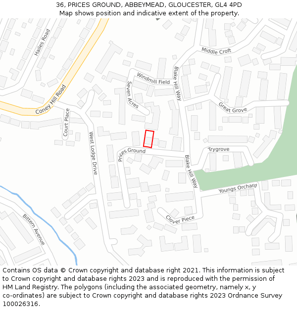 36, PRICES GROUND, ABBEYMEAD, GLOUCESTER, GL4 4PD: Location map and indicative extent of plot