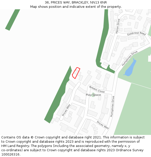 36, PRICES WAY, BRACKLEY, NN13 6NR: Location map and indicative extent of plot