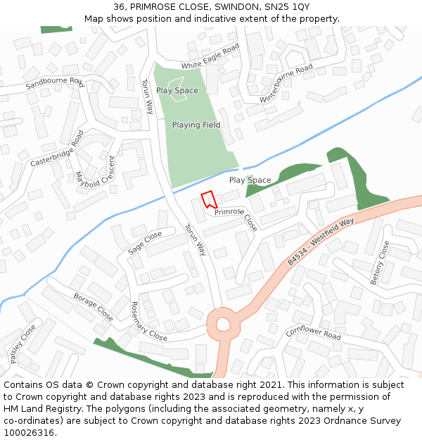 36, PRIMROSE CLOSE, SWINDON, SN25 1QY: Location map and indicative extent of plot