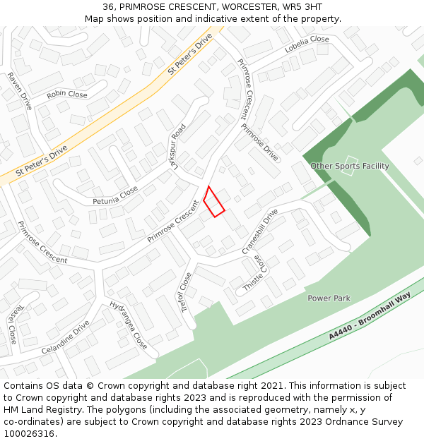 36, PRIMROSE CRESCENT, WORCESTER, WR5 3HT: Location map and indicative extent of plot