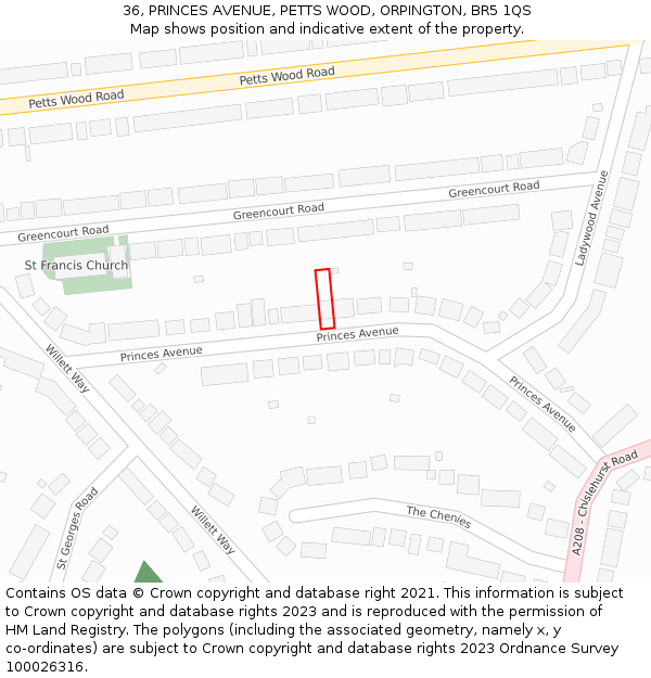 36, PRINCES AVENUE, PETTS WOOD, ORPINGTON, BR5 1QS: Location map and indicative extent of plot