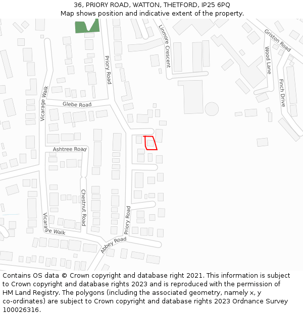 36, PRIORY ROAD, WATTON, THETFORD, IP25 6PQ: Location map and indicative extent of plot