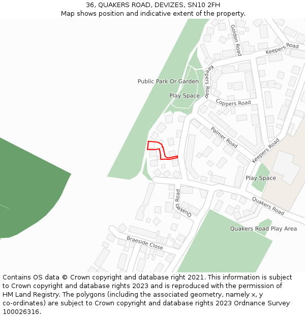 36, QUAKERS ROAD, DEVIZES, SN10 2FH: Location map and indicative extent of plot