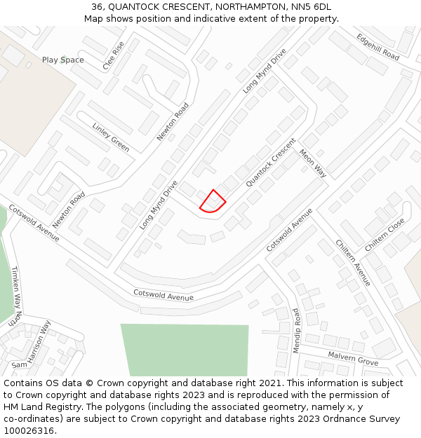 36, QUANTOCK CRESCENT, NORTHAMPTON, NN5 6DL: Location map and indicative extent of plot