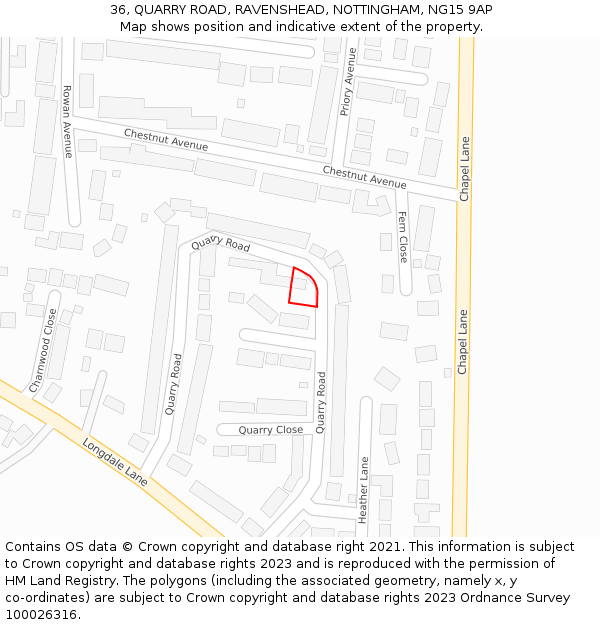 36, QUARRY ROAD, RAVENSHEAD, NOTTINGHAM, NG15 9AP: Location map and indicative extent of plot