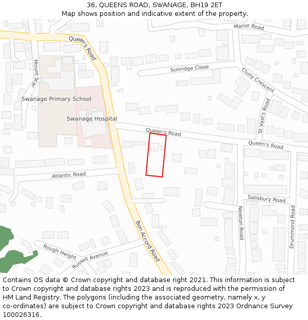 36, QUEENS ROAD, SWANAGE, BH19 2ET: Location map and indicative extent of plot