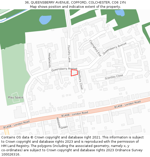 36, QUEENSBERRY AVENUE, COPFORD, COLCHESTER, CO6 1YN: Location map and indicative extent of plot