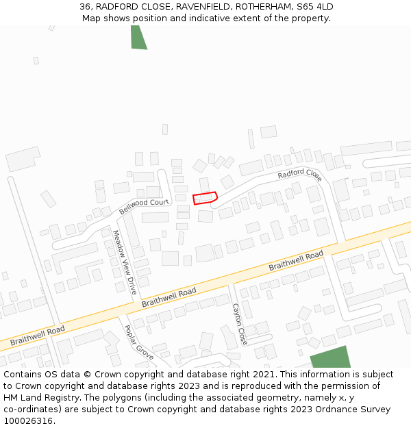 36, RADFORD CLOSE, RAVENFIELD, ROTHERHAM, S65 4LD: Location map and indicative extent of plot