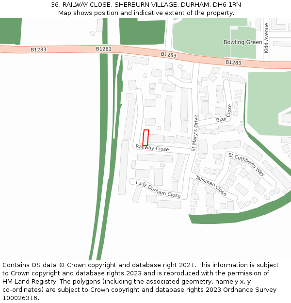 36, RAILWAY CLOSE, SHERBURN VILLAGE, DURHAM, DH6 1RN: Location map and indicative extent of plot