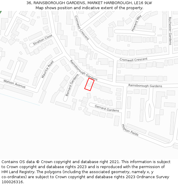 36, RAINSBOROUGH GARDENS, MARKET HARBOROUGH, LE16 9LW: Location map and indicative extent of plot