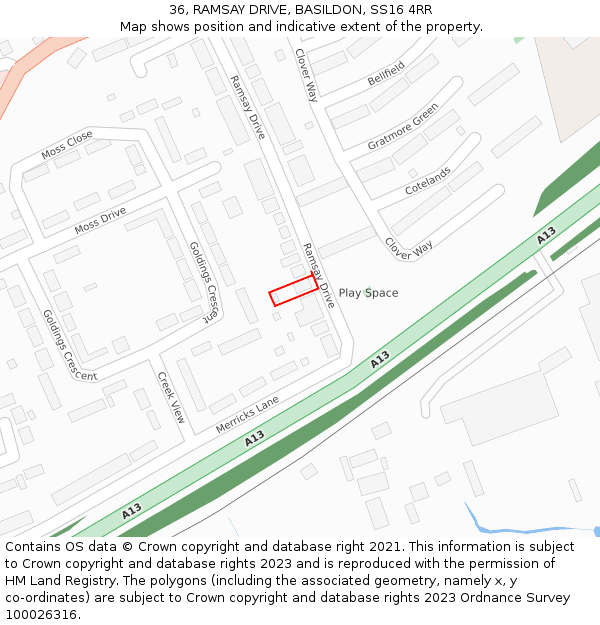 36, RAMSAY DRIVE, BASILDON, SS16 4RR: Location map and indicative extent of plot