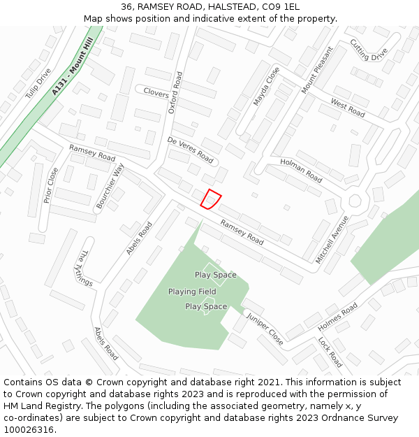 36, RAMSEY ROAD, HALSTEAD, CO9 1EL: Location map and indicative extent of plot