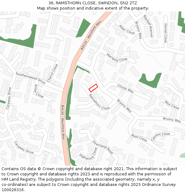 36, RAMSTHORN CLOSE, SWINDON, SN2 2TZ: Location map and indicative extent of plot