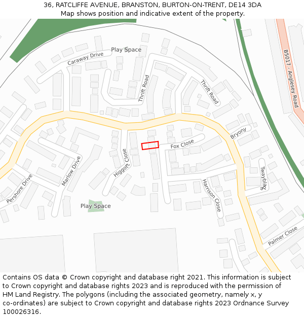 36, RATCLIFFE AVENUE, BRANSTON, BURTON-ON-TRENT, DE14 3DA: Location map and indicative extent of plot