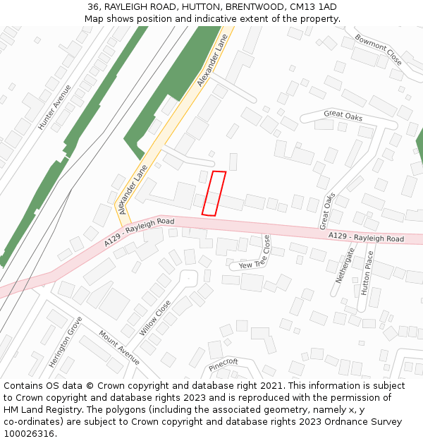 36, RAYLEIGH ROAD, HUTTON, BRENTWOOD, CM13 1AD: Location map and indicative extent of plot