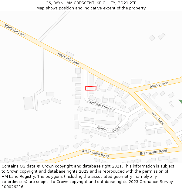 36, RAYNHAM CRESCENT, KEIGHLEY, BD21 2TP: Location map and indicative extent of plot