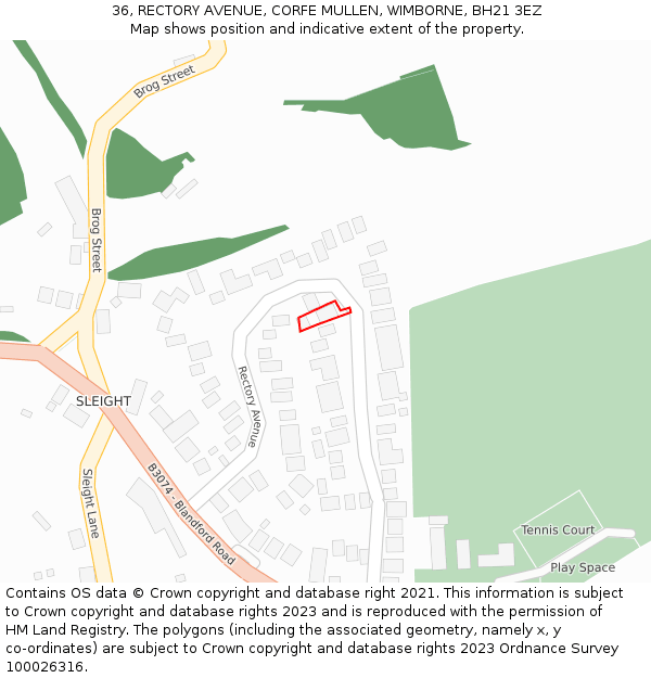 36, RECTORY AVENUE, CORFE MULLEN, WIMBORNE, BH21 3EZ: Location map and indicative extent of plot