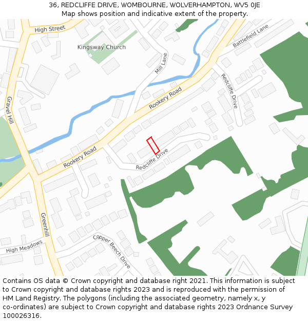 36, REDCLIFFE DRIVE, WOMBOURNE, WOLVERHAMPTON, WV5 0JE: Location map and indicative extent of plot