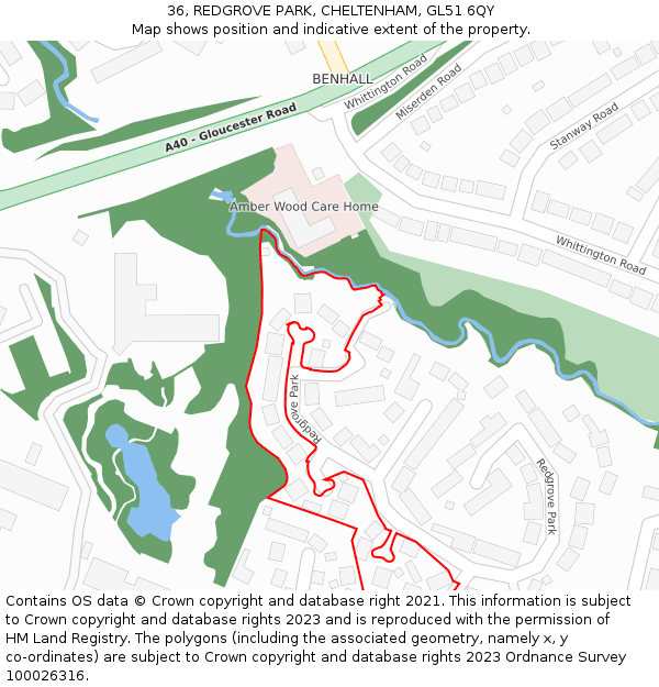 36, REDGROVE PARK, CHELTENHAM, GL51 6QY: Location map and indicative extent of plot