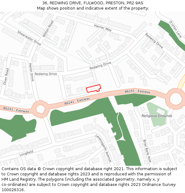 36, REDWING DRIVE, FULWOOD, PRESTON, PR2 9AS: Location map and indicative extent of plot