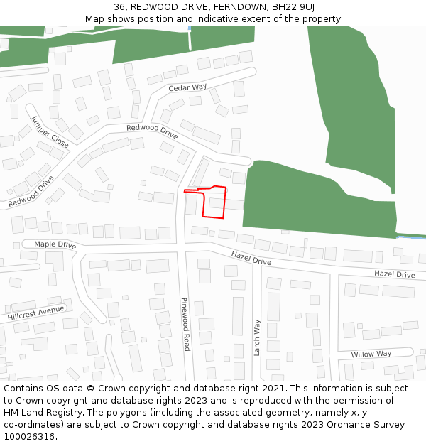 36, REDWOOD DRIVE, FERNDOWN, BH22 9UJ: Location map and indicative extent of plot