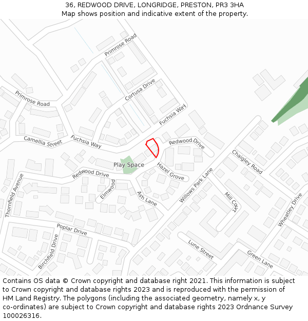 36, REDWOOD DRIVE, LONGRIDGE, PRESTON, PR3 3HA: Location map and indicative extent of plot