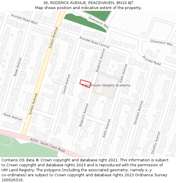 36, RODERICK AVENUE, PEACEHAVEN, BN10 8JT: Location map and indicative extent of plot