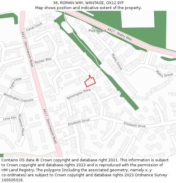 36, ROMAN WAY, WANTAGE, OX12 9YF: Location map and indicative extent of plot