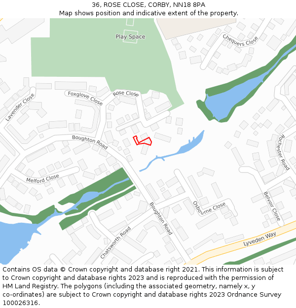 36, ROSE CLOSE, CORBY, NN18 8PA: Location map and indicative extent of plot