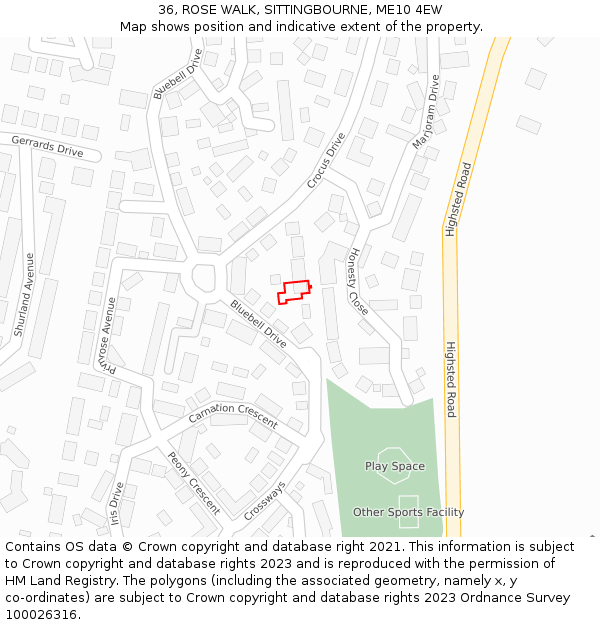 36, ROSE WALK, SITTINGBOURNE, ME10 4EW: Location map and indicative extent of plot