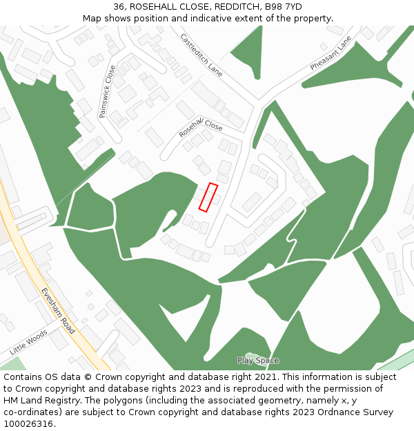 36, ROSEHALL CLOSE, REDDITCH, B98 7YD: Location map and indicative extent of plot