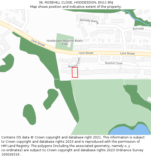 36, ROSEHILL CLOSE, HODDESDON, EN11 8NJ: Location map and indicative extent of plot
