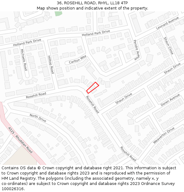 36, ROSEHILL ROAD, RHYL, LL18 4TP: Location map and indicative extent of plot