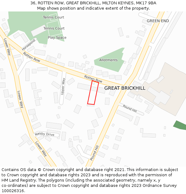 36, ROTTEN ROW, GREAT BRICKHILL, MILTON KEYNES, MK17 9BA: Location map and indicative extent of plot