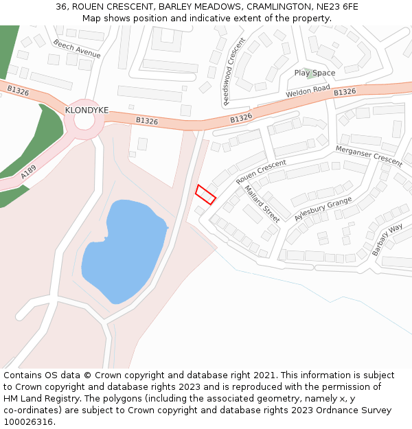 36, ROUEN CRESCENT, BARLEY MEADOWS, CRAMLINGTON, NE23 6FE: Location map and indicative extent of plot