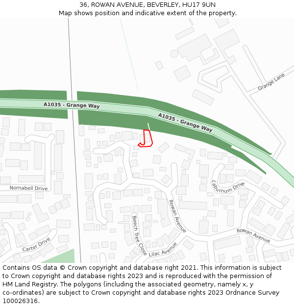 36, ROWAN AVENUE, BEVERLEY, HU17 9UN: Location map and indicative extent of plot