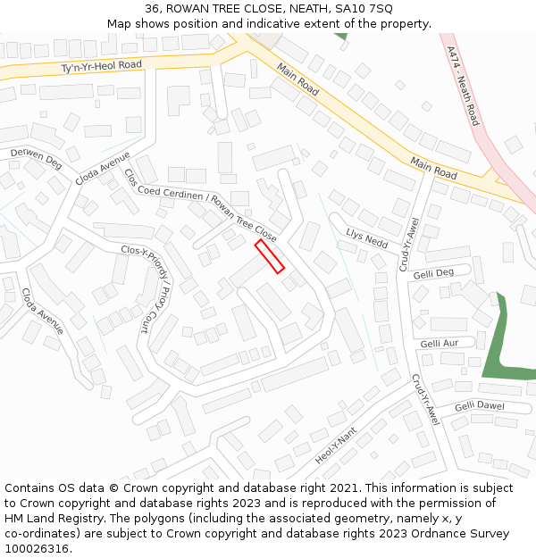 36, ROWAN TREE CLOSE, NEATH, SA10 7SQ: Location map and indicative extent of plot